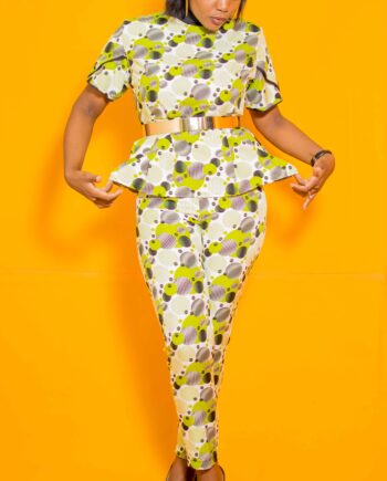 Lorie petal sleeve peplum top with three 3/4 straight pants suit