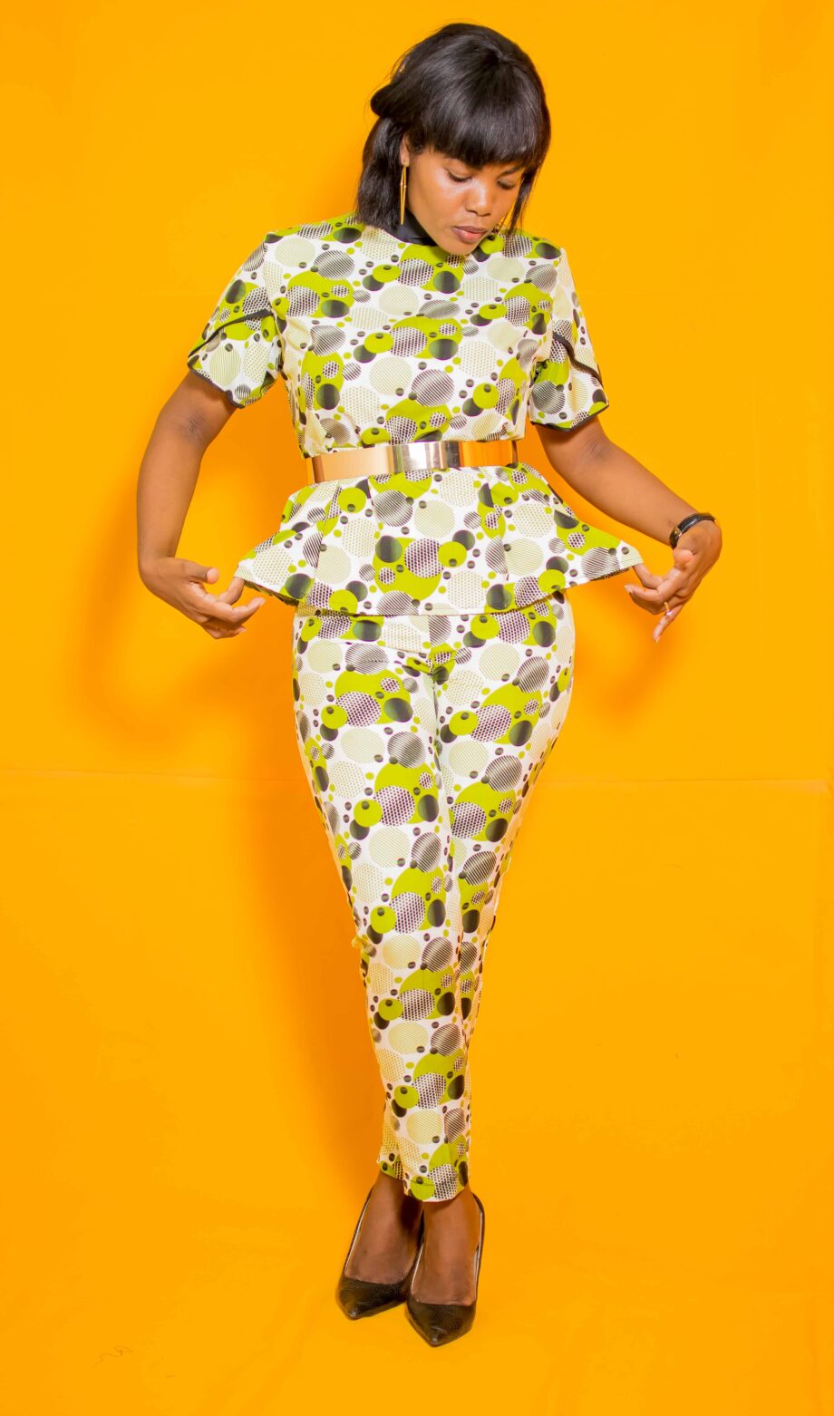 Lorie petal sleeve peplum top with three 3/4 straight pants suit