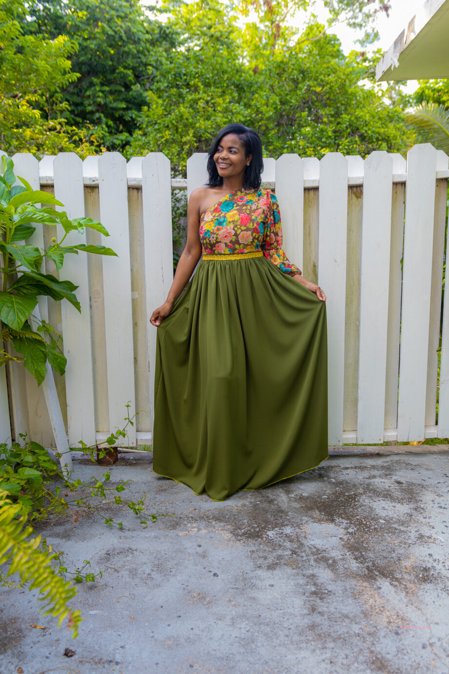 Olive Garden pilot sleeve one shoulder maxi dress