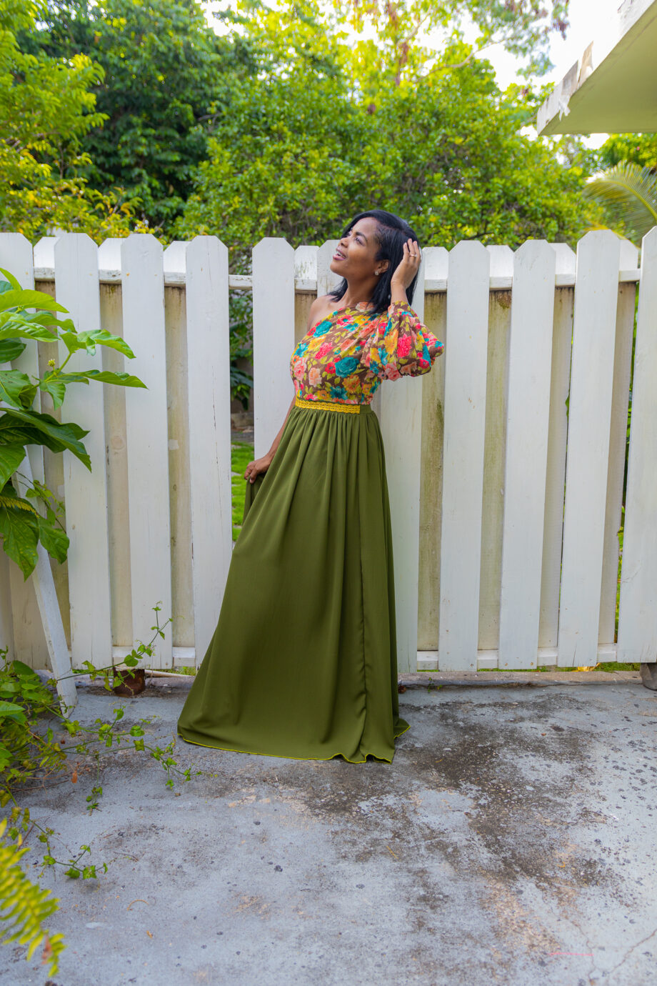 Olive Garden pilot sleeve one shoulder maxi dress