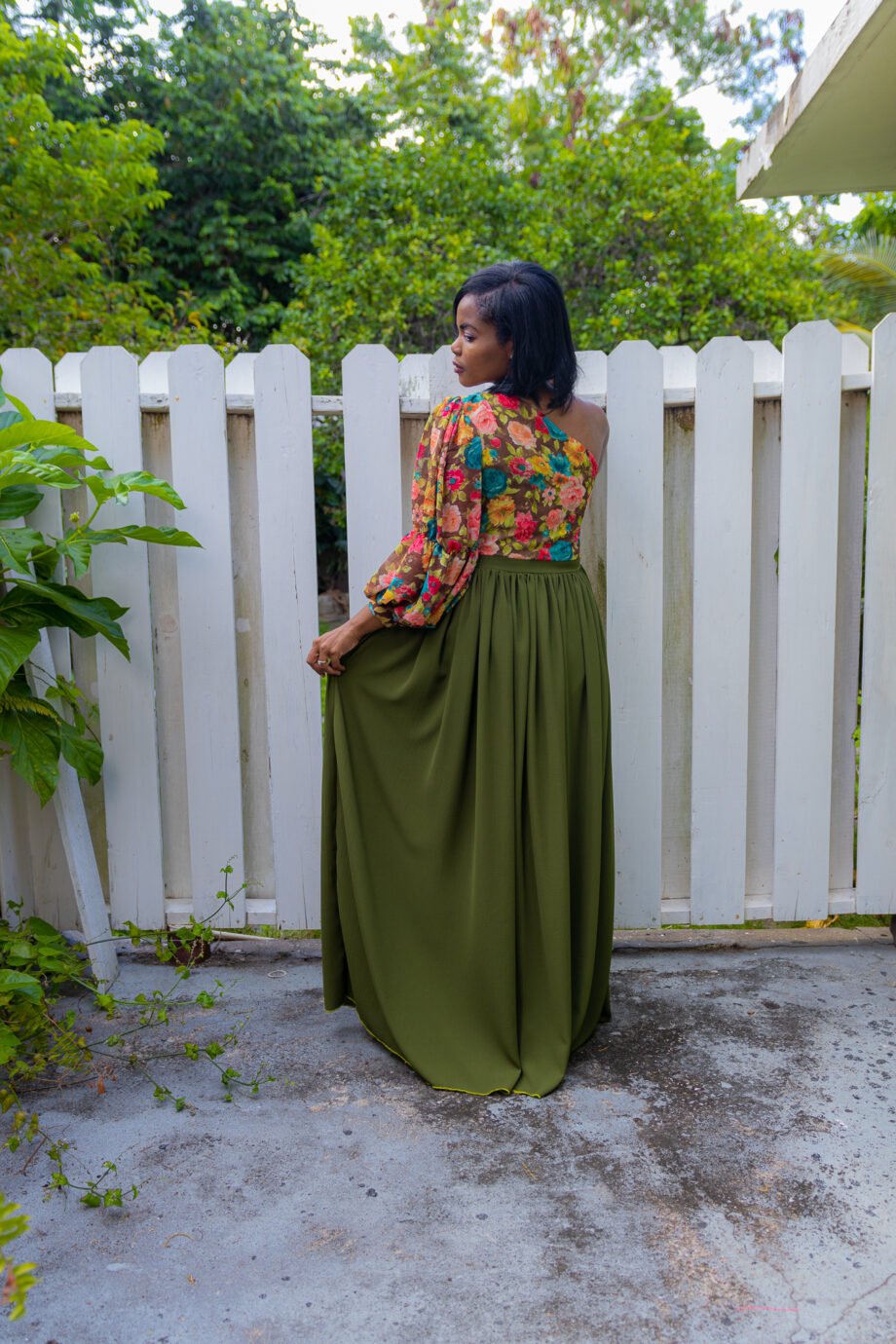 Olive Garden pilot sleeve one shoulder maxi dress