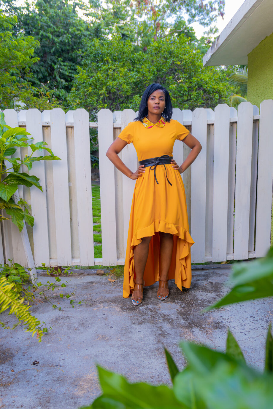 African round collar high-low frilled hem dress