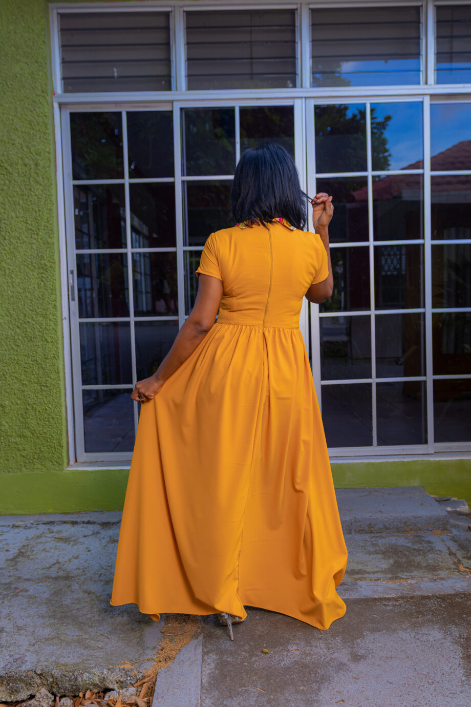African round collar high-low frilled hem dress