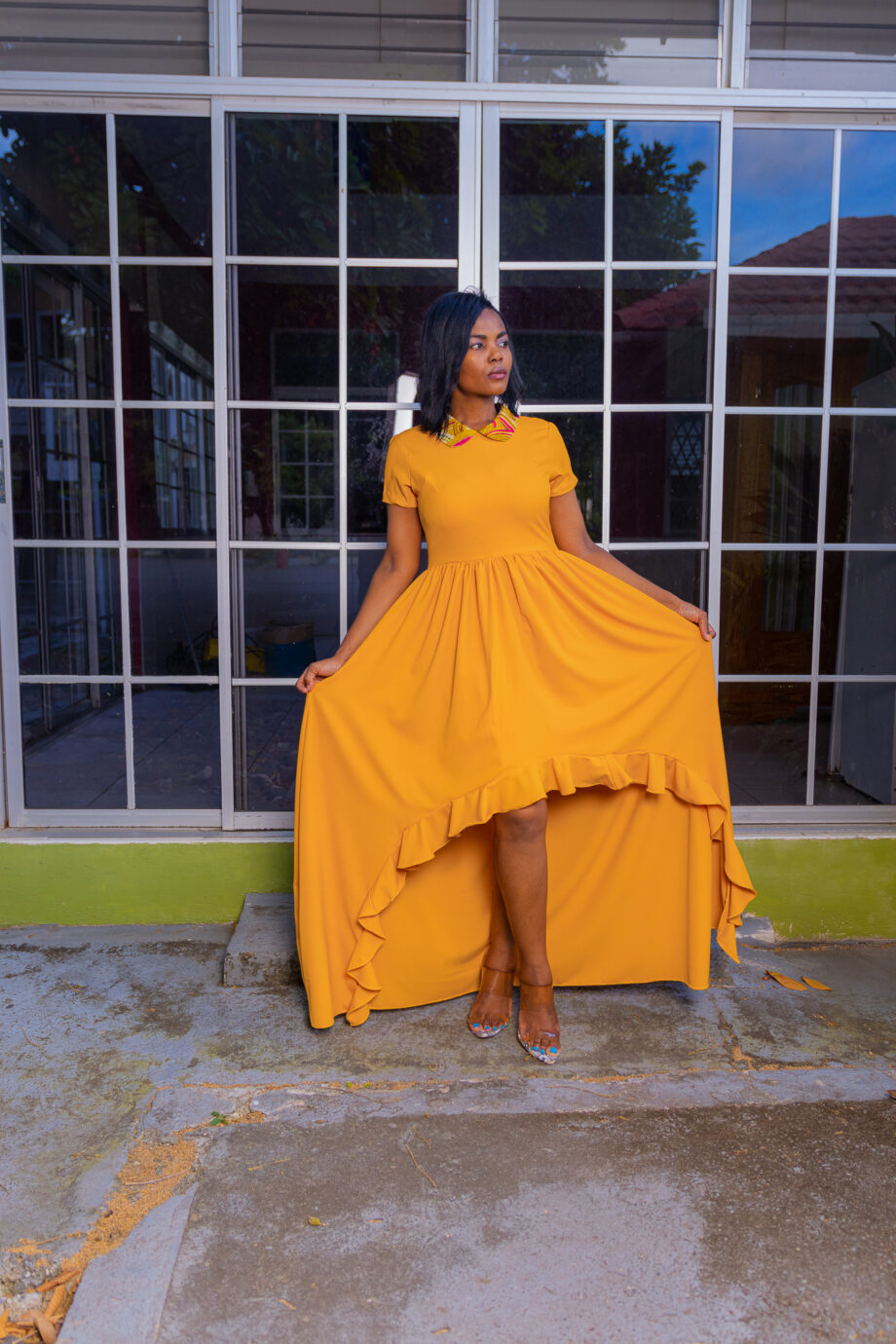 African round collar high-low frilled hem dress