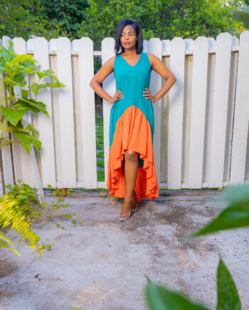 Aqua and orange high-low frilled bottom straight dress