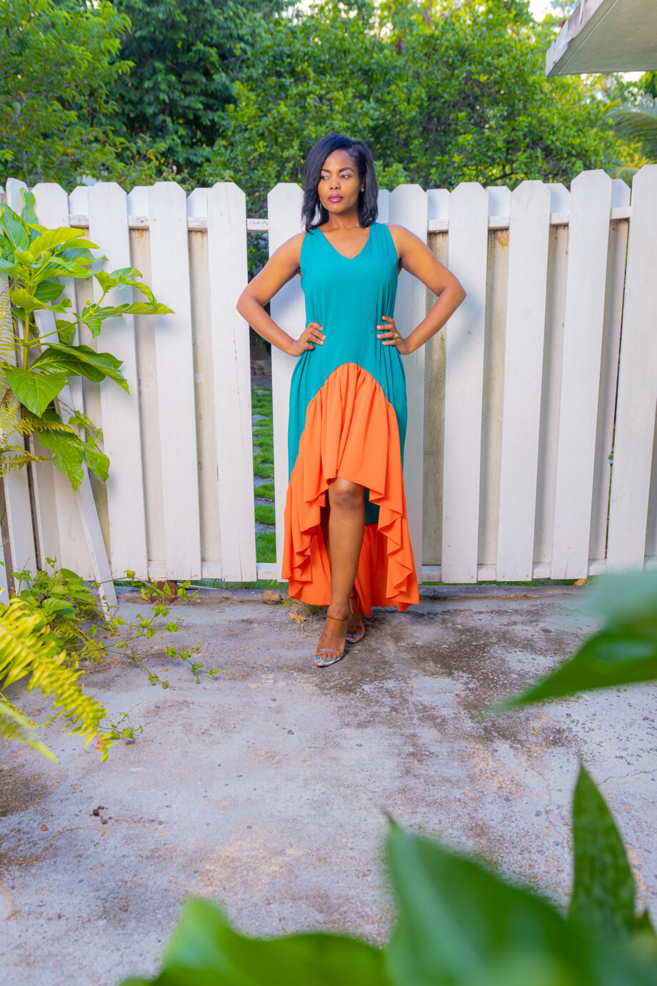 Aqua and orange high-low frilled bottom straight dress