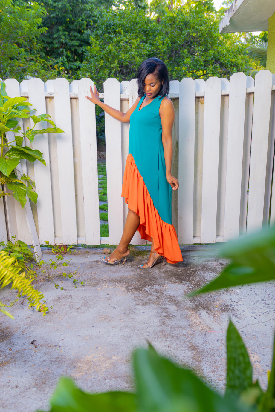 Aqua and orange high-low frilled bottom straight dress