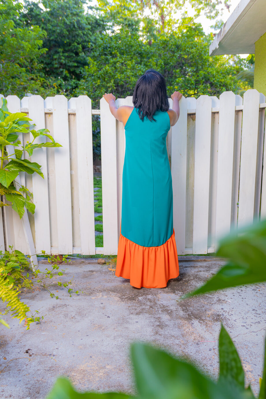 Aqua and orange high-low frilled bottom straight dress