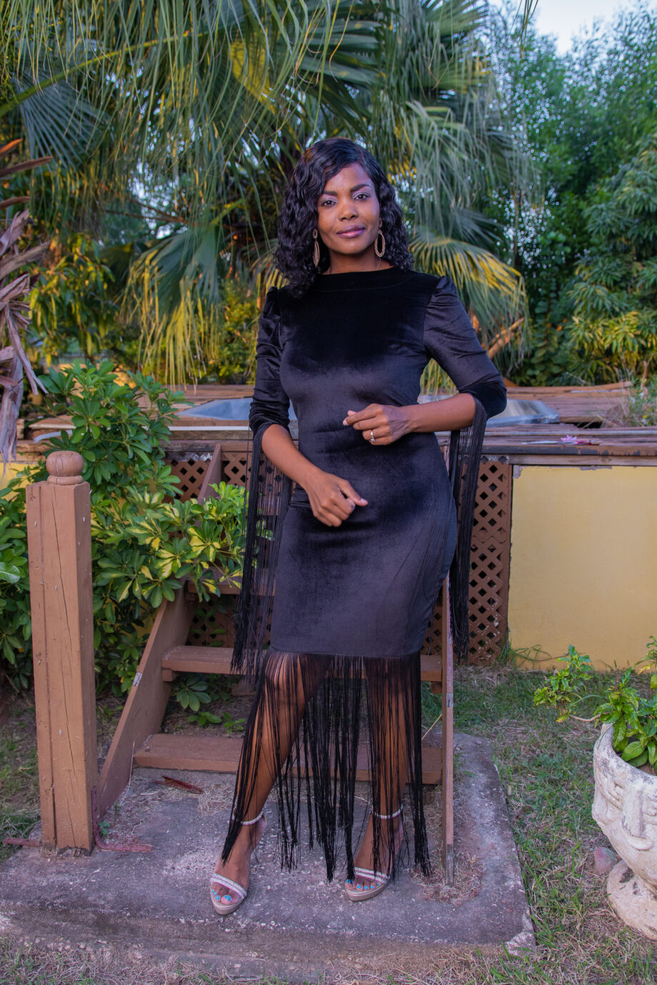 La'Rosa black velvet straight dress with fringe details
