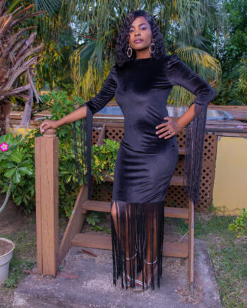 La'Rosa black velvet straight dress with fringe details