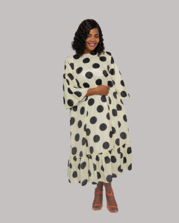 Zesty cream and black flow with frill hem midi dress