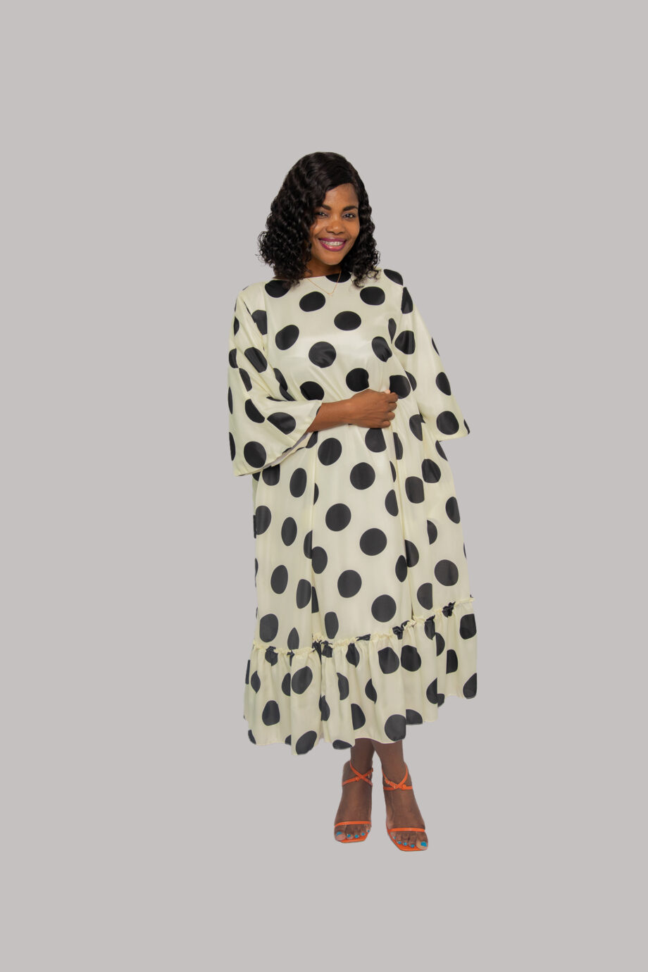 Zesty cream and black flow with frill hem midi dress