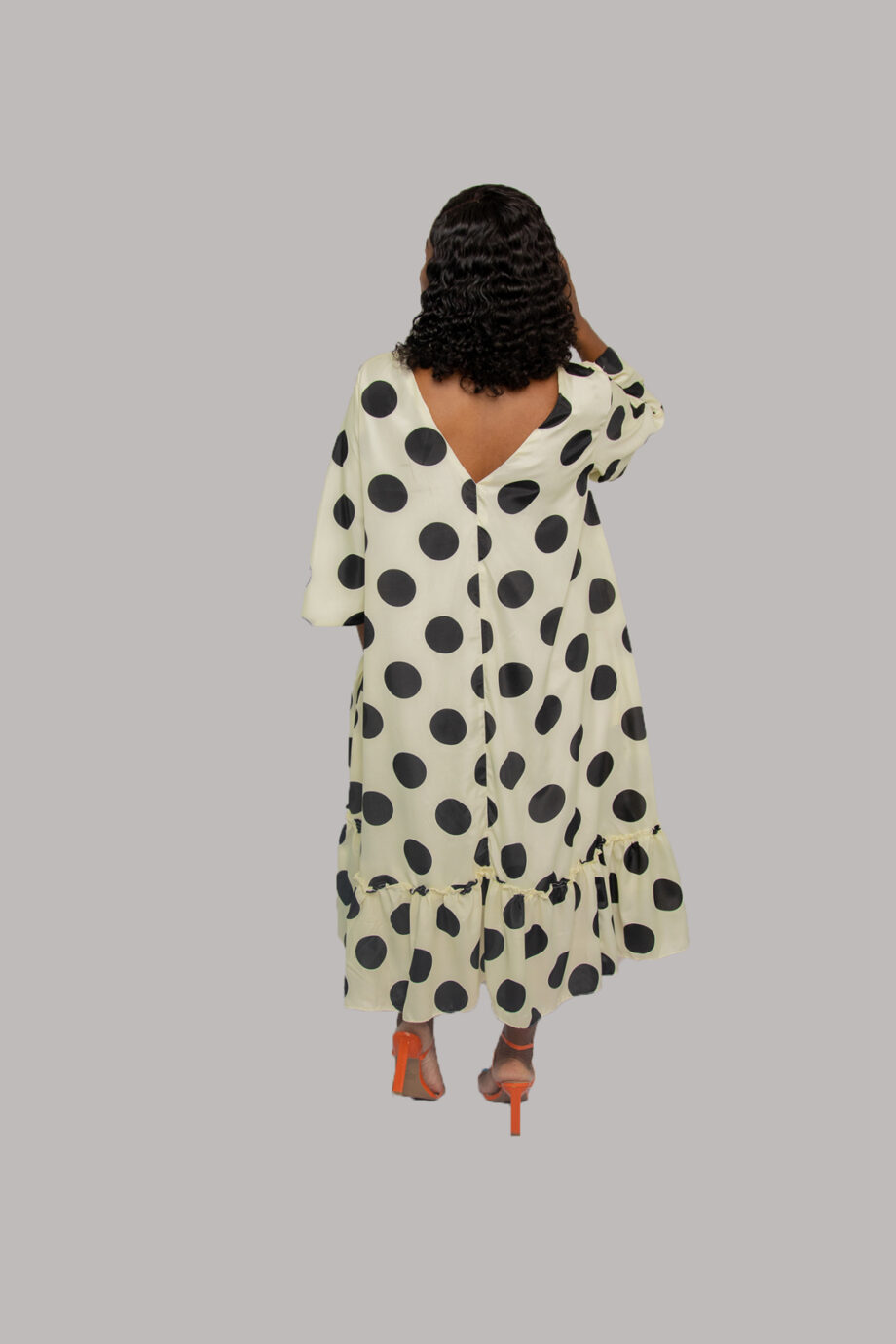 Zesty cream and black flow with frill hem midi dress