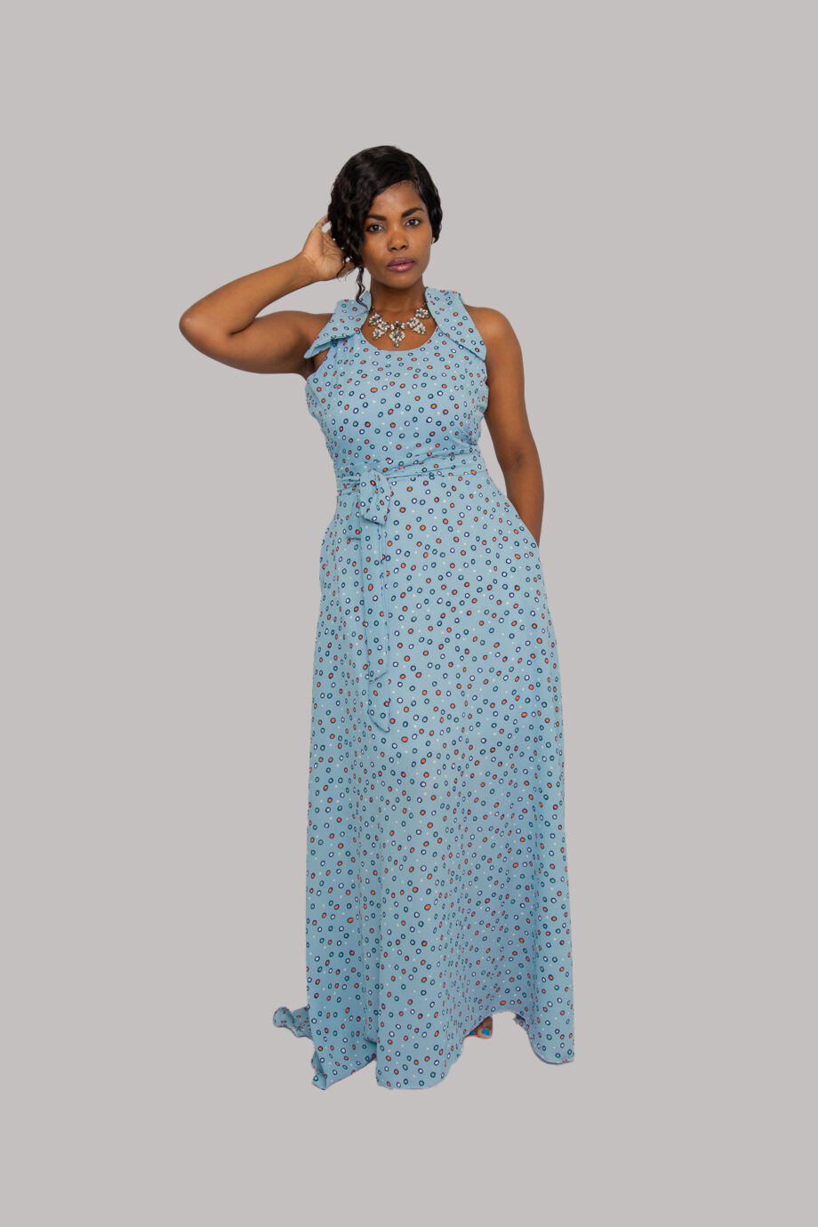 Pastel blue dots dress with cap sleeve