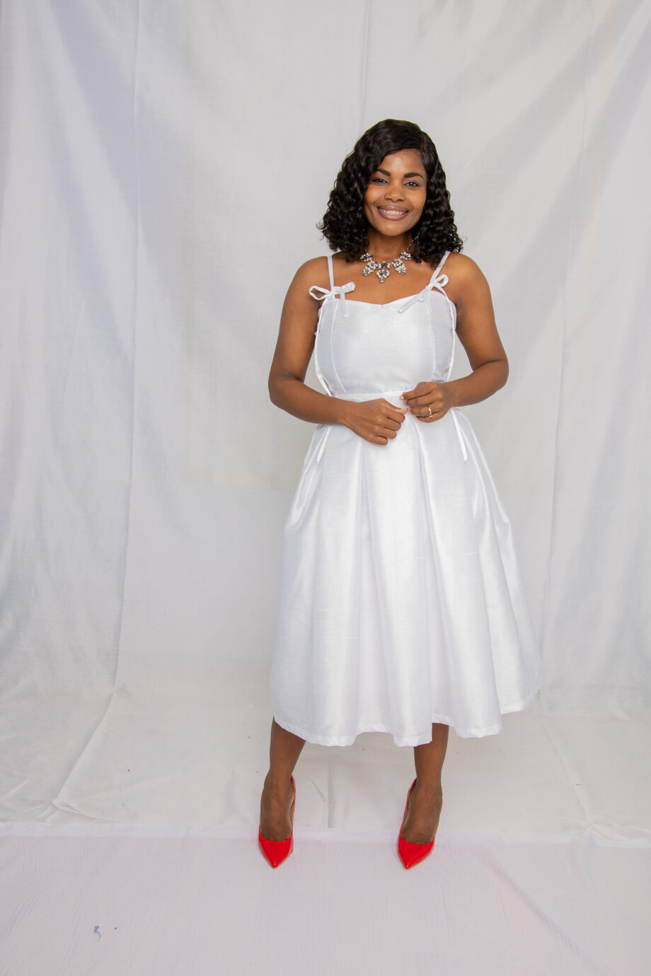 FauxSilk spaghetti tie strap midi dress