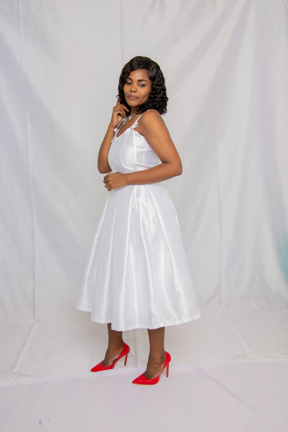 FauxSilk spaghetti tie strap midi dress