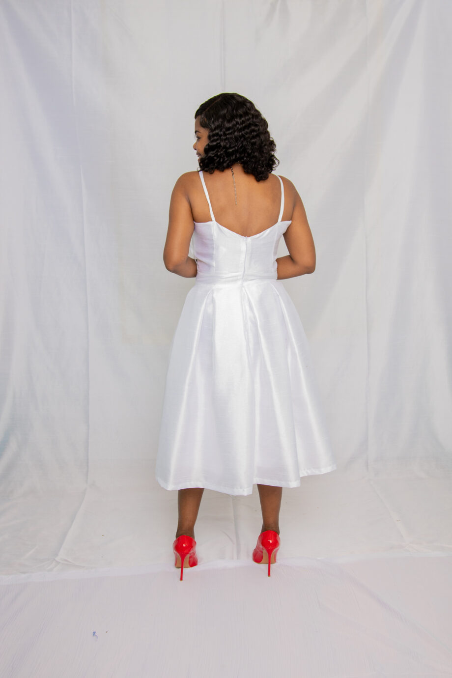 FauxSilk spaghetti tie strap midi dress