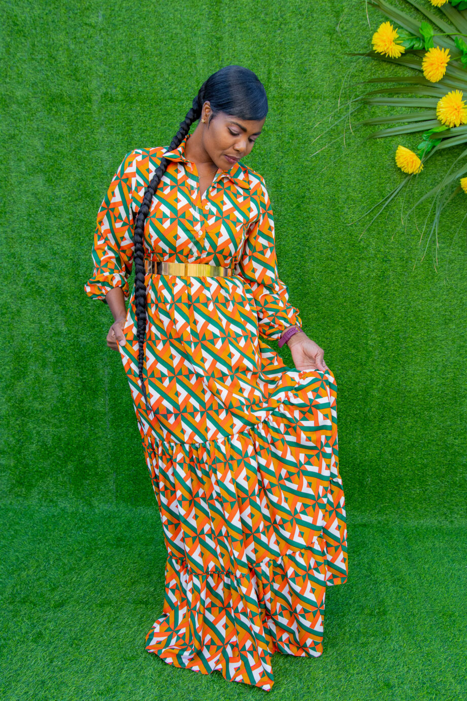 Keturah orange and green shirt maxi dress
