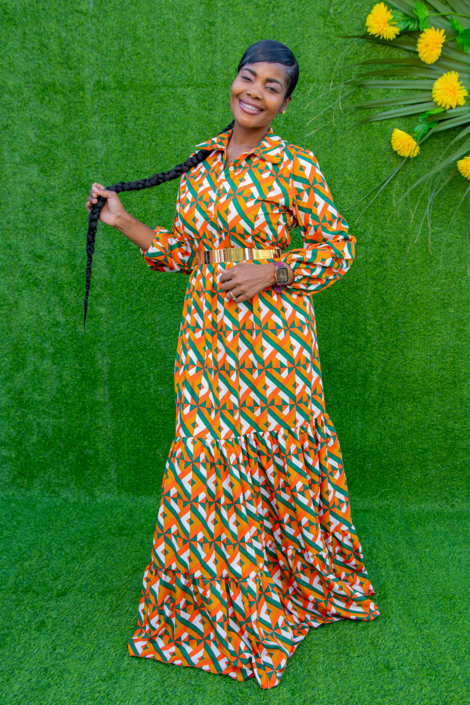 Keturah orange and green shirt maxi dress