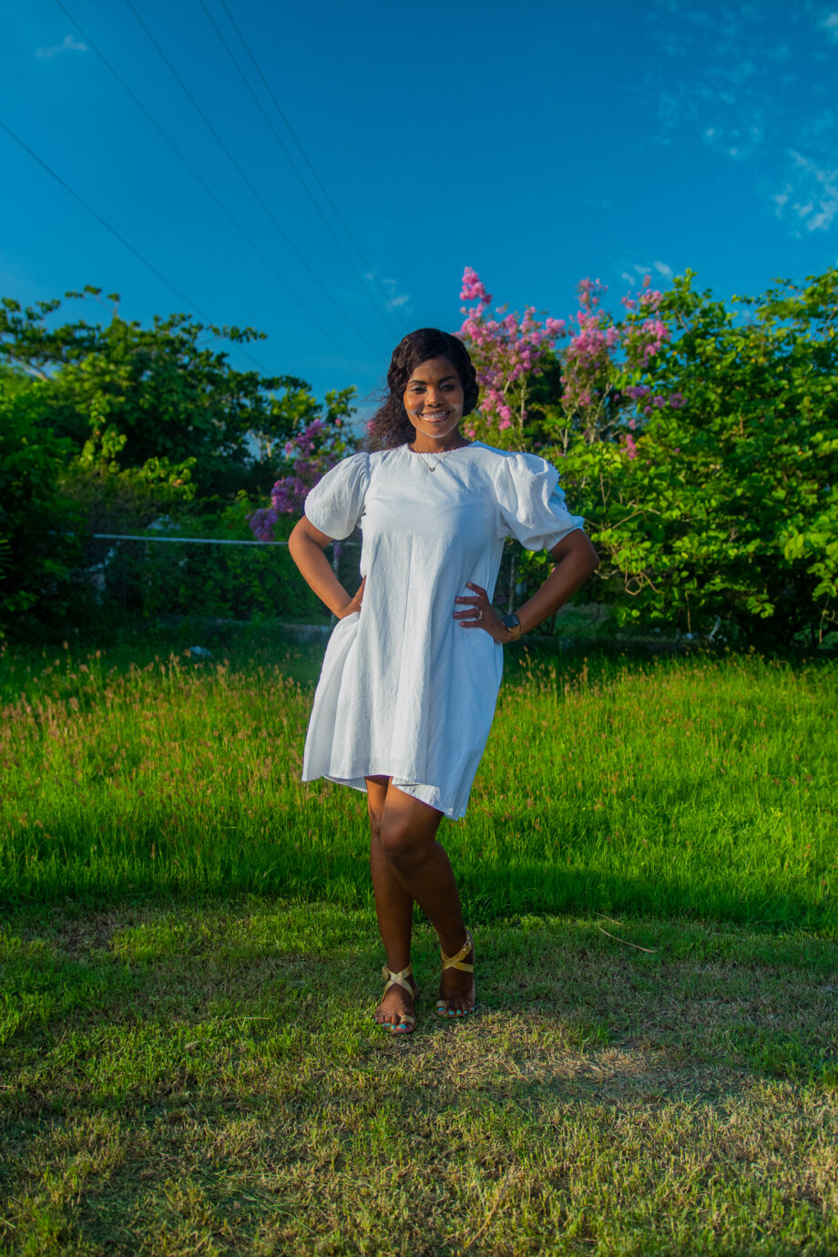 Pumpkin sleeve with B/W piping white cotton short dress