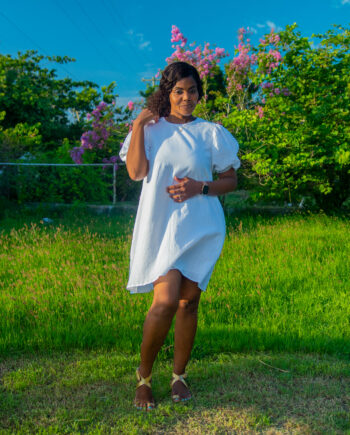 Pumpkin sleeve with B/W piping white cotton short dress