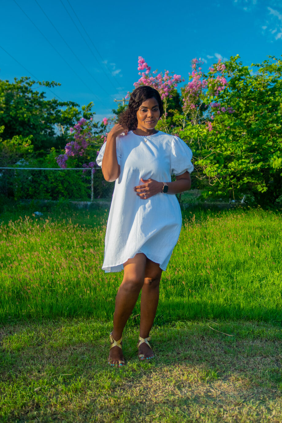 Pumpkin sleeve with B/W piping white cotton short dress