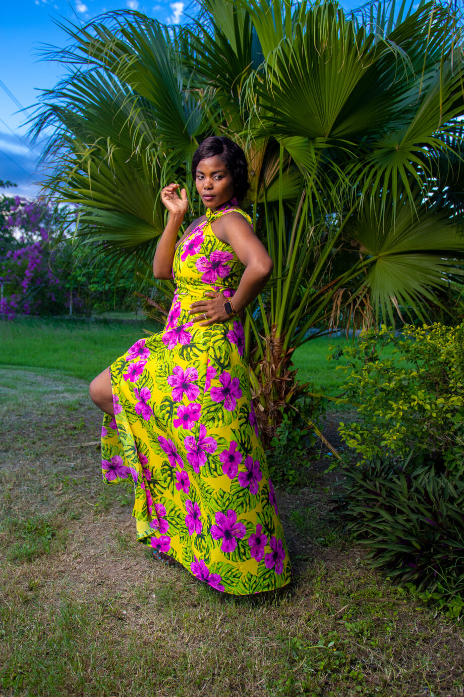 Tropicana pink & green floral one shoulder dress