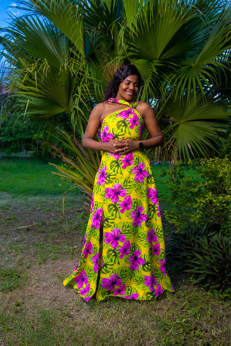 Tropicana pink & green floral one shoulder dress