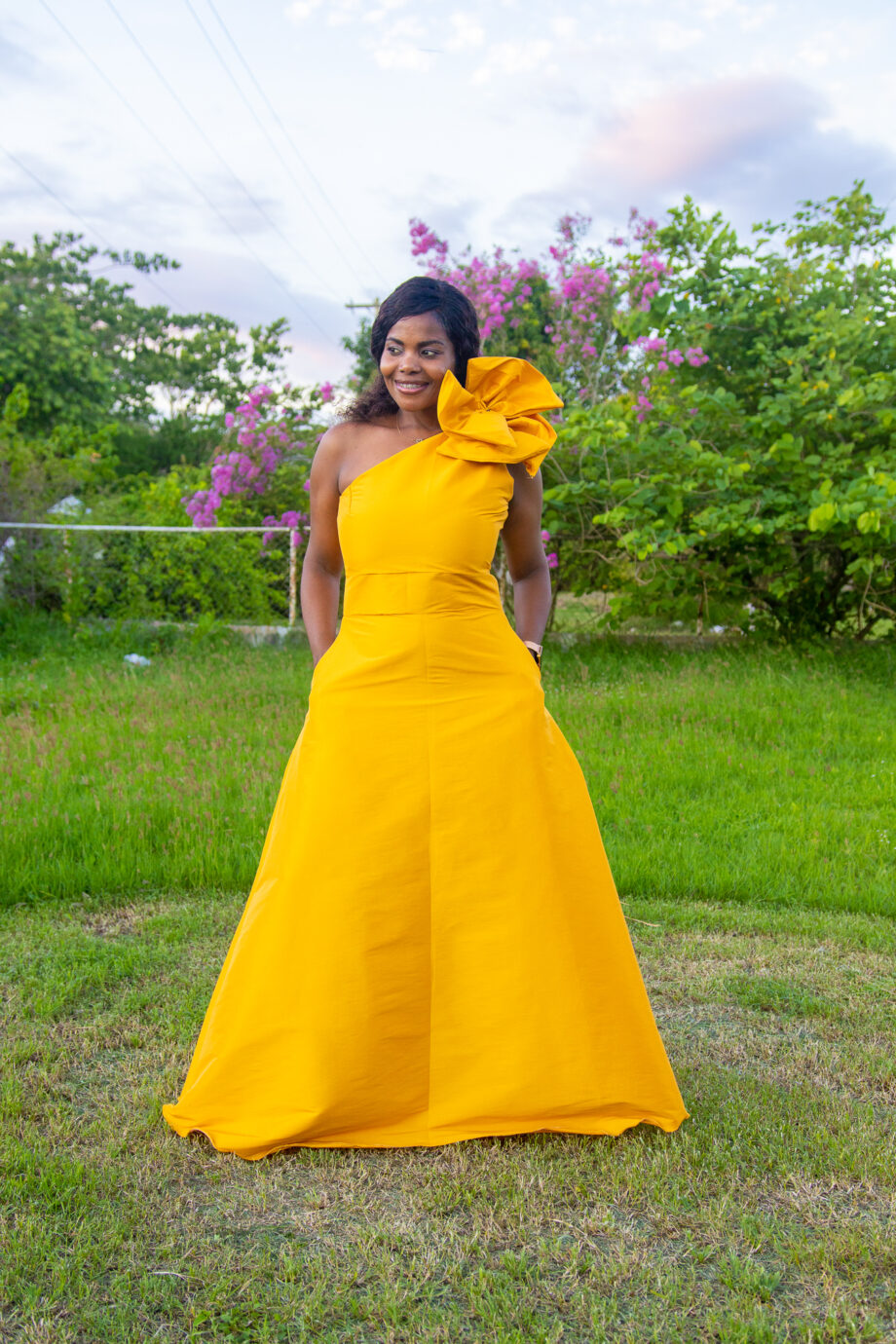 Mustard Silcana one shoulder rose gown