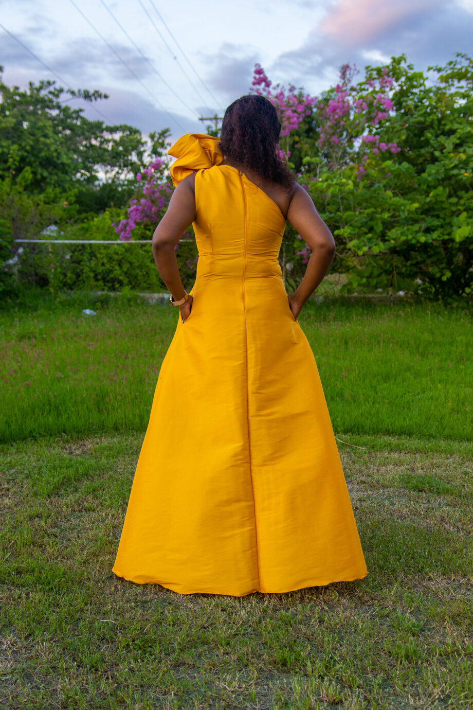 Mustard Silcana one shoulder rose gown