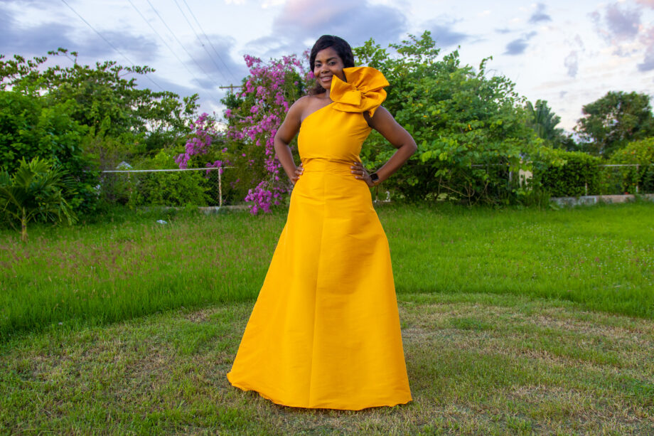 Mustard Silcana one shoulder rose gown