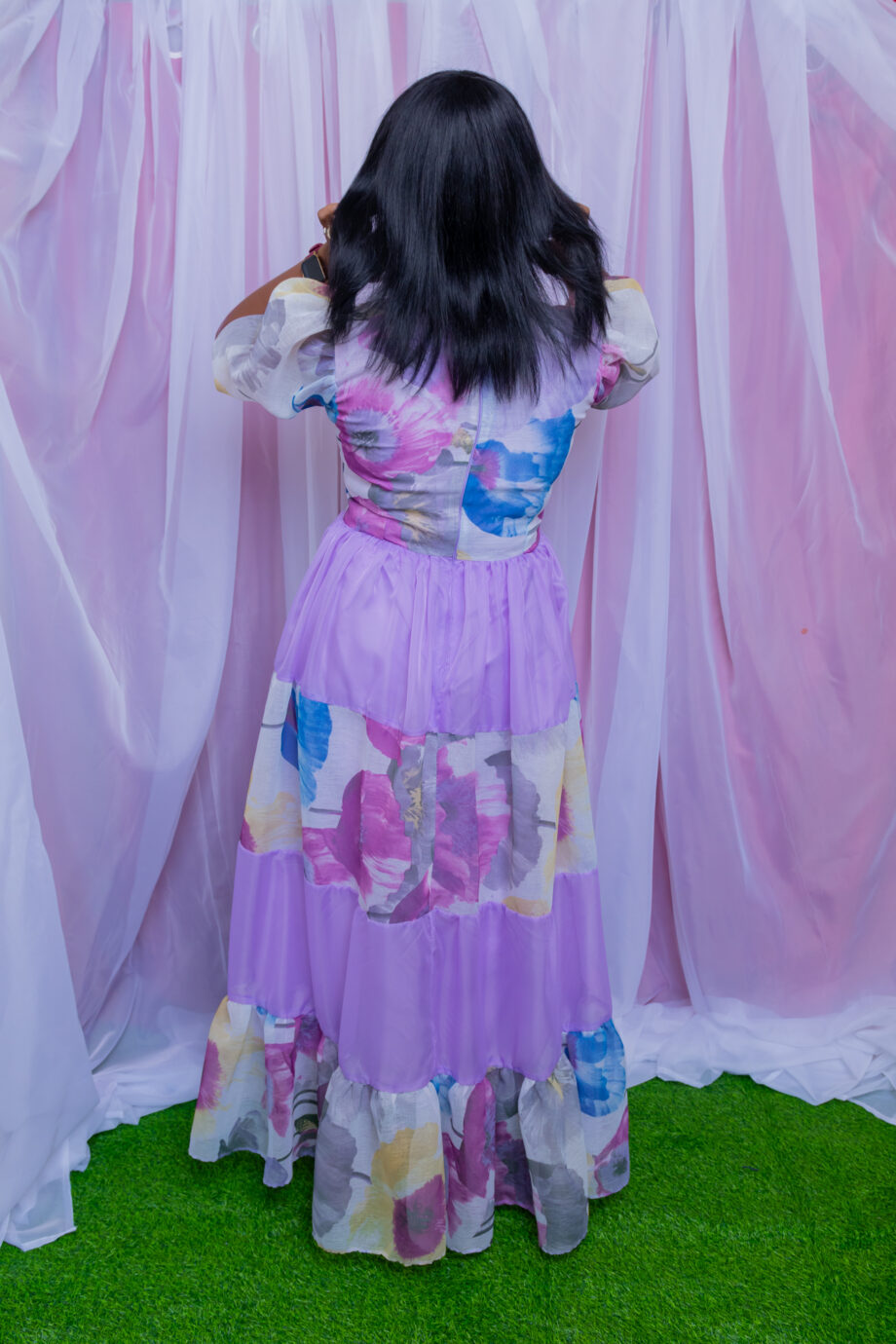 "Purple flora" 4 tier jewel neckline sheer dress