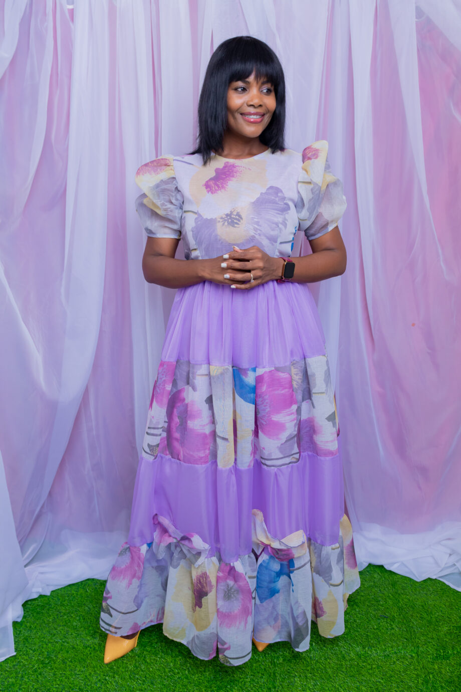 "Purple flora" 4 tier jewel neckline sheer dress