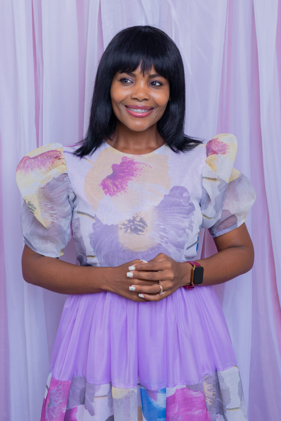 "Purple flora" 4 tier jewel neckline sheer dress