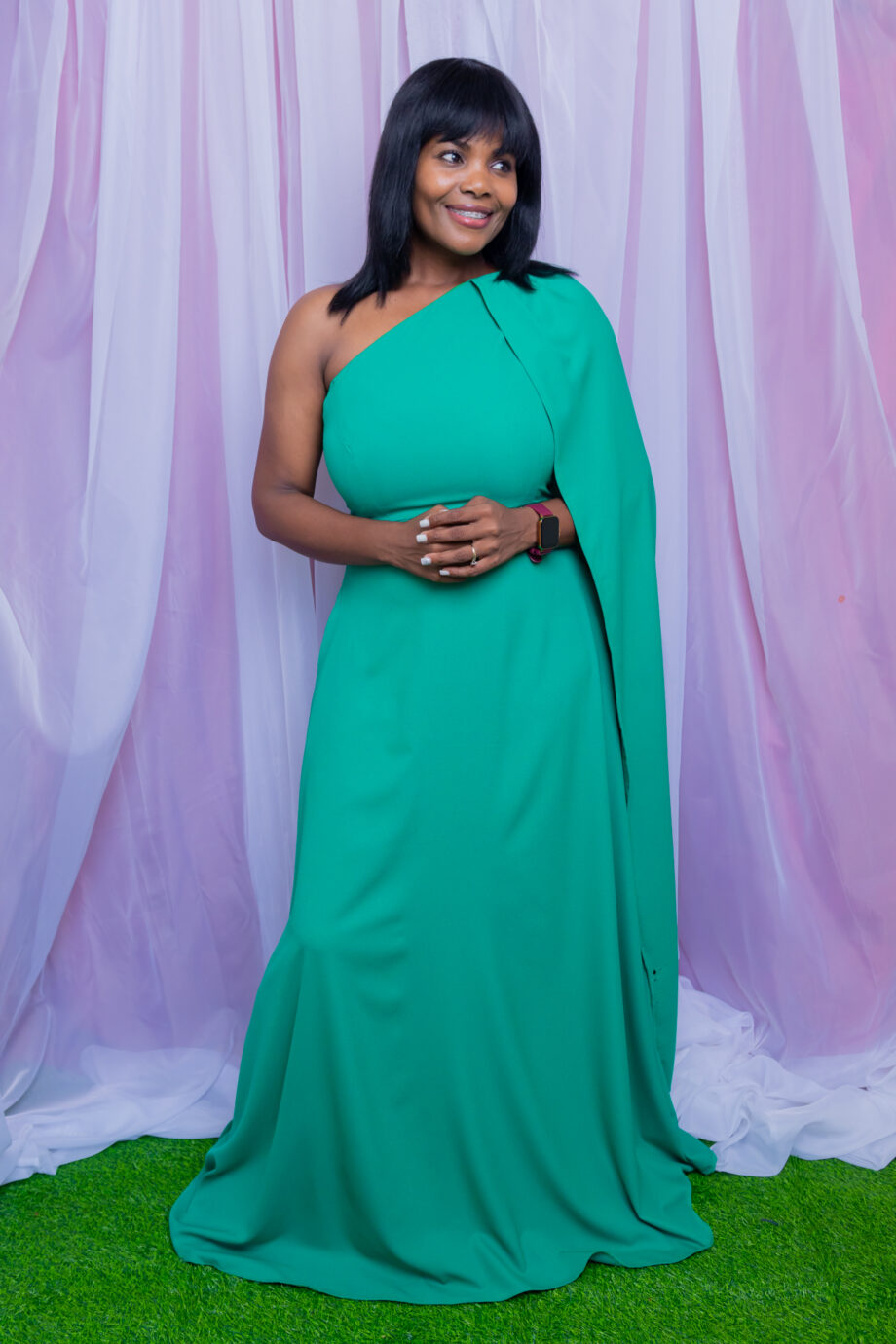 Russe train sleeve one shoulderAline maxi dress