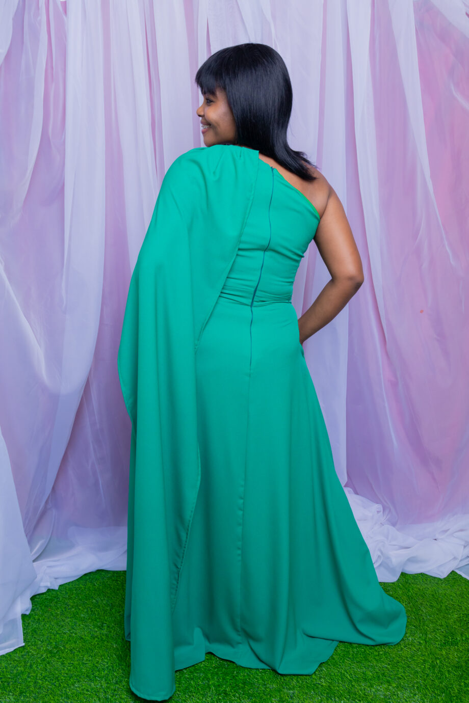 Russe train sleeve one shoulderAline maxi dress