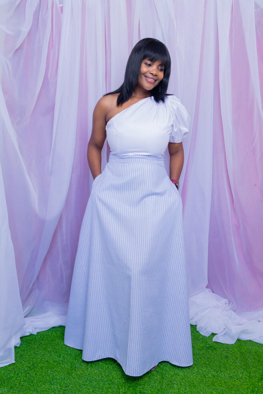 Hemma one shoulder delicate stripe white dress