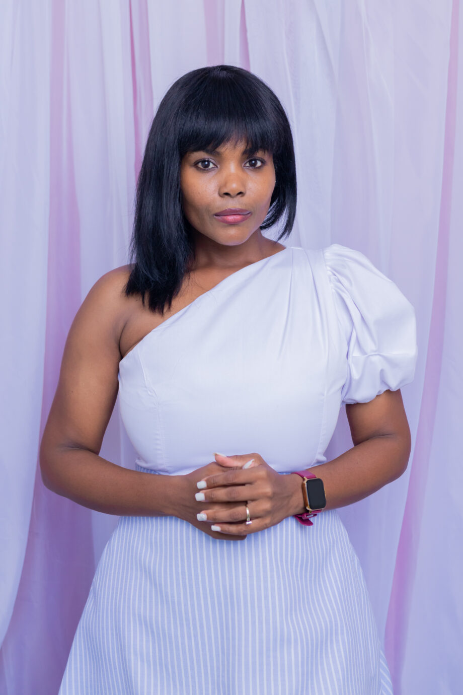 Hemma one shoulder delicate stripe white dress
