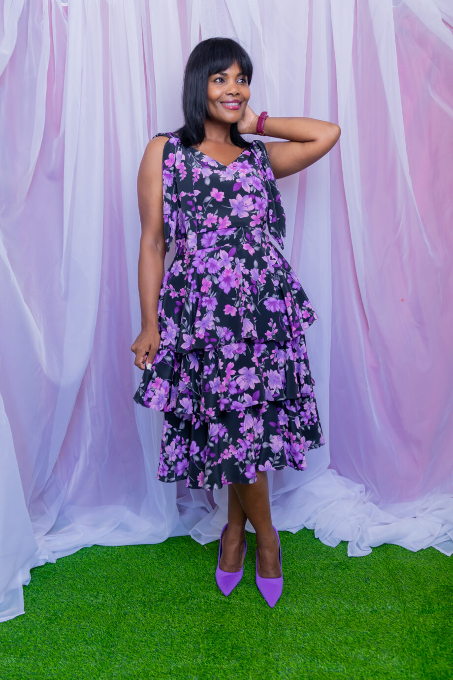 Sweet violet 3 tier bow sleeve v neckiline dress
