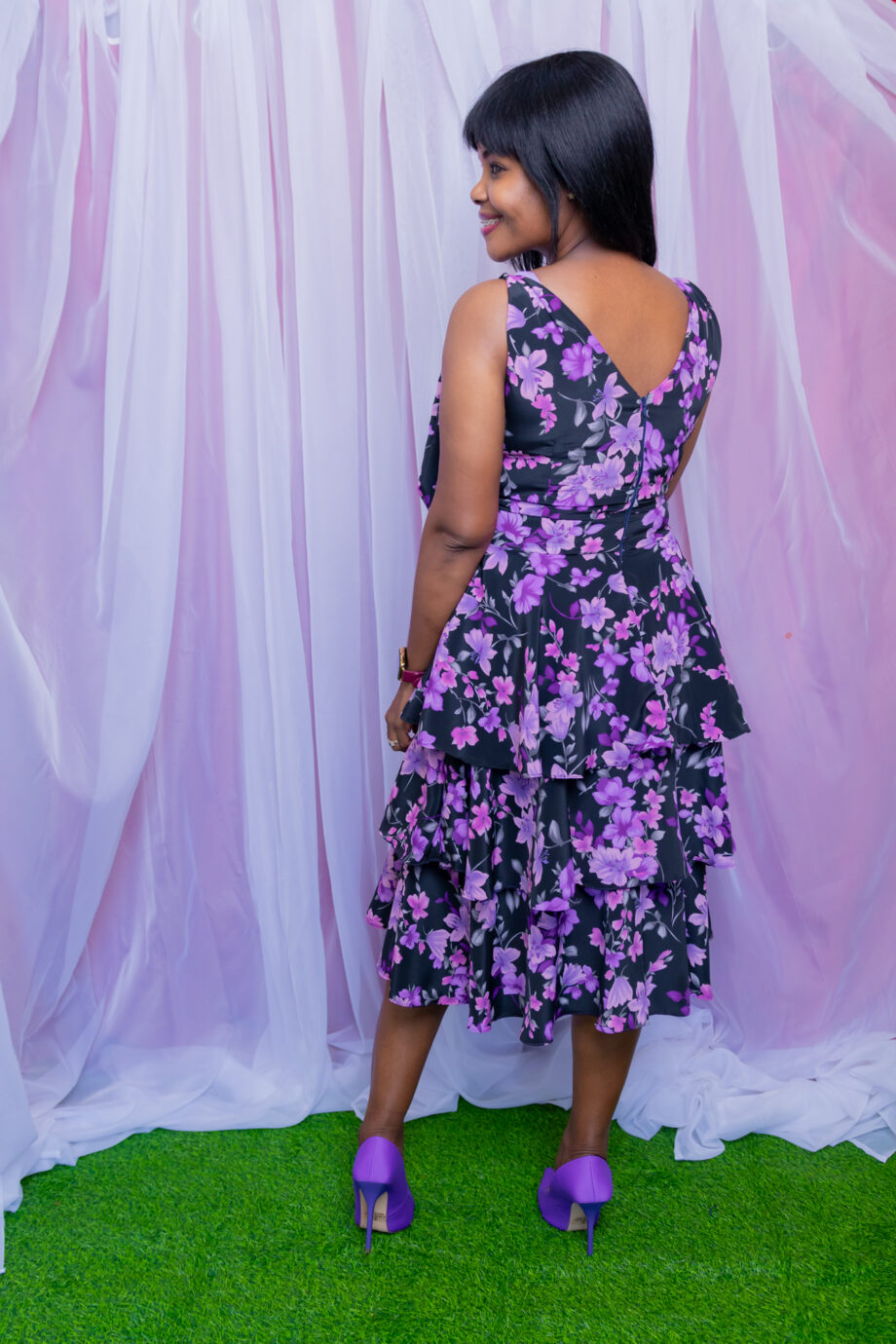 Sweet violet 3 tier bow sleeve v neckiline dress