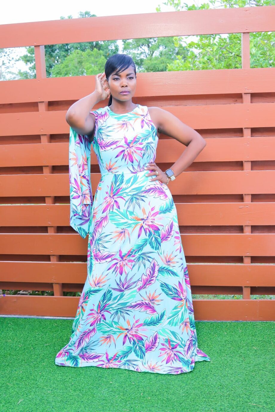 "Shalene" one sleeve A-line printed cotton Maxi