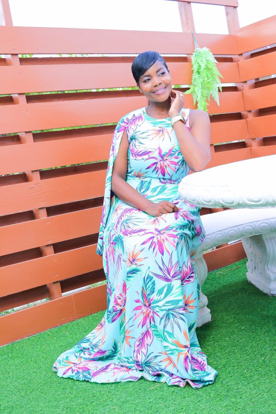 "Shalene" one sleeve A-line printed cotton Maxi