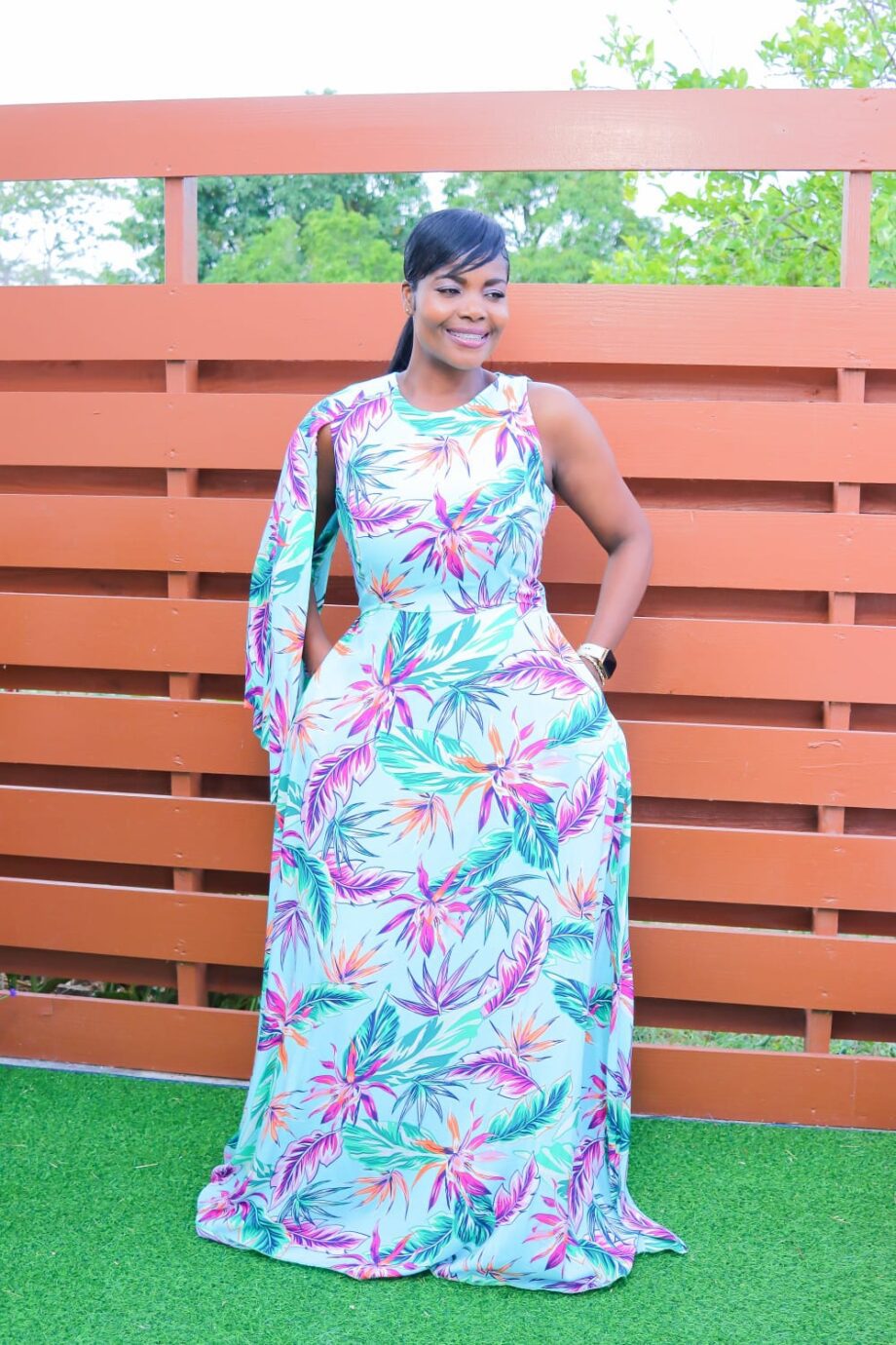 "Shalene" one sleeve A-line printed cotton Maxi